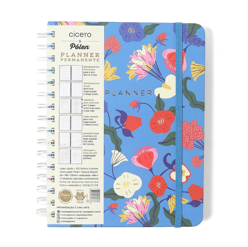 Agenda / Planner Permanente - Cícero - Doce Florada - Azul - Wire-O - Semanal - A5 - 14,8 x 21 cm
