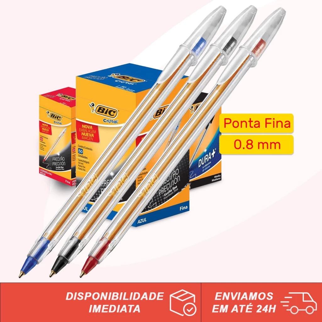 KIT 20 Canetas Bic Cristal Esferográficas 0.8mm Ponta Fina Cores Azul, Preta e Vermelha Original