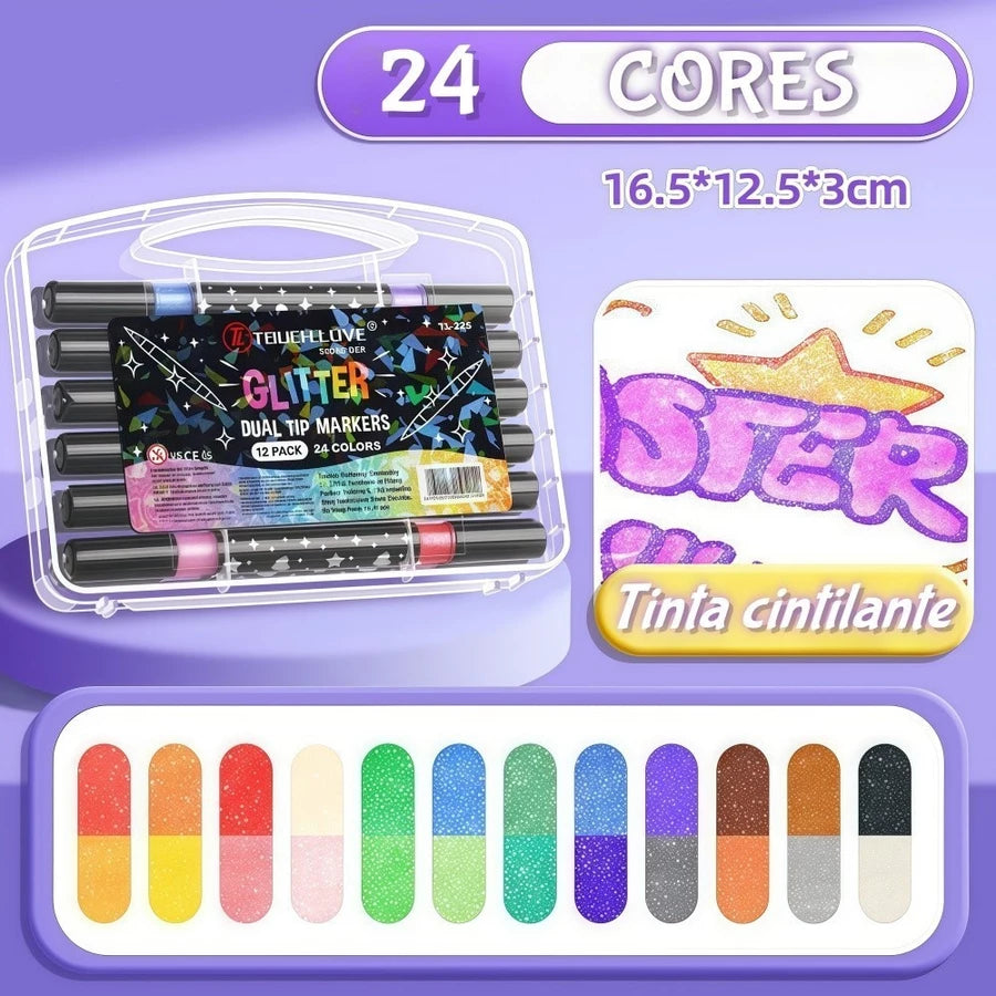 Caneta Marcadora Glitter Dupla Ponta 96/72/48/24 Cores | Arte, Escola, Planner, Desenho