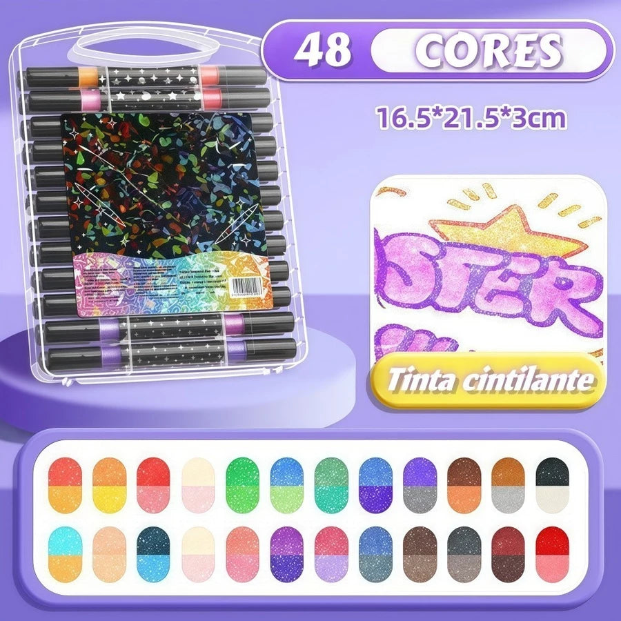 Caneta Marcadora Glitter Dupla Ponta 96/72/48/24 Cores | Arte, Escola, Planner, Desenho