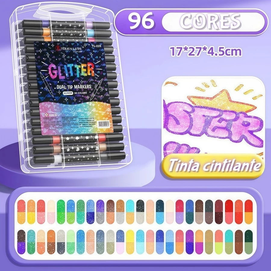 Caneta Marcadora Glitter Dupla Ponta 96/72/48/24 Cores | Arte, Escola, Planner, Desenho