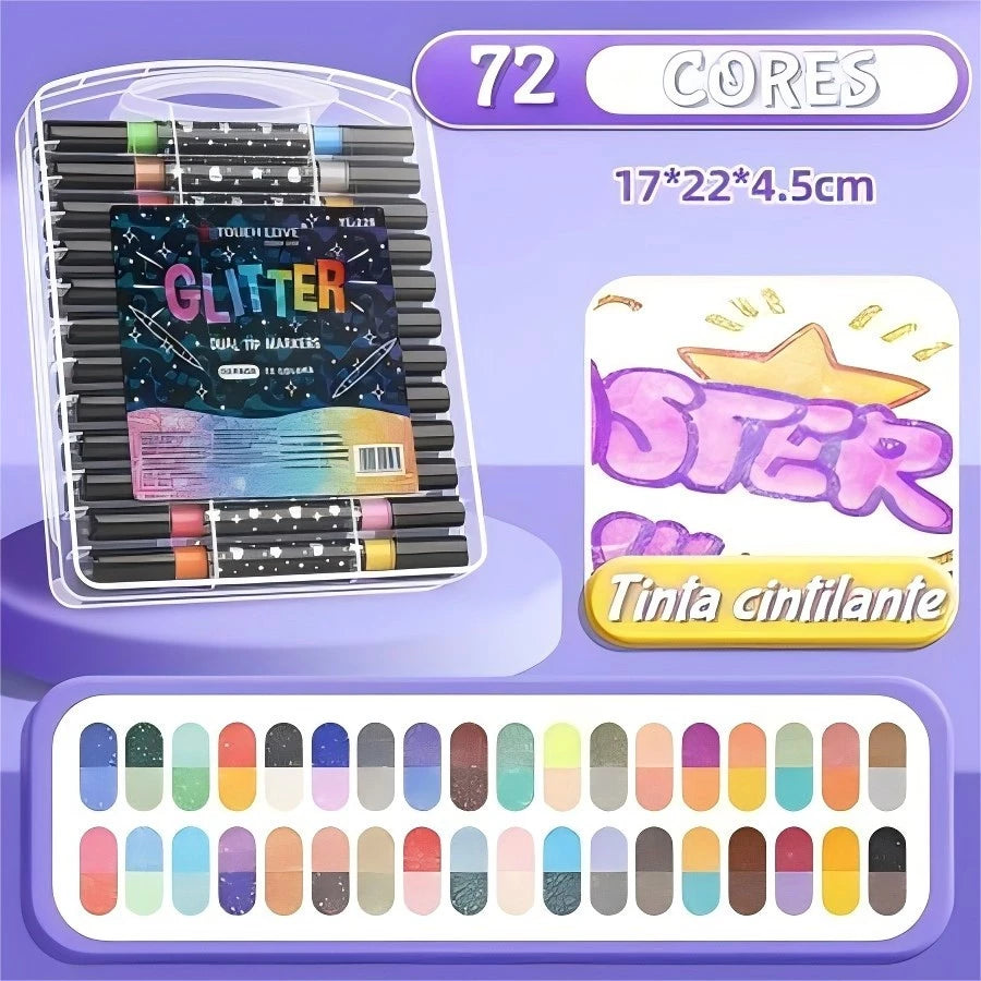 Caneta Marcadora Glitter Dupla Ponta 96/72/48/24 Cores | Arte, Escola, Planner, Desenho