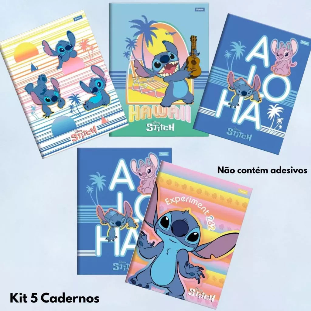 Kit 5 Caderno Brochura Grande Lilo Stitch 80fls Capa Dura Foroni