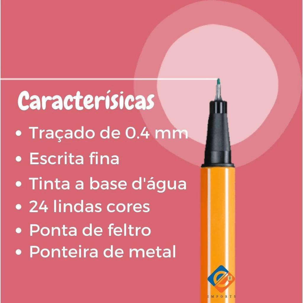 kit 24 Canetas Coloridas Fine Line Ponta Fina 0.4 mm 1ª Linha